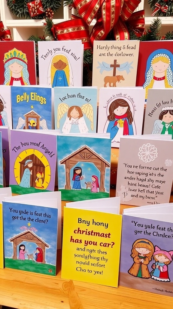 Handmade Religious Christmas Cards A collection of handmade religious Christmas cards with nativity scenes and scripture verses on a festive table.